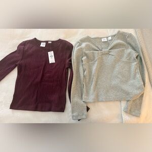 Gap Kids Girls Crew Neck Shirts - Deep Burgundy and Light Gray